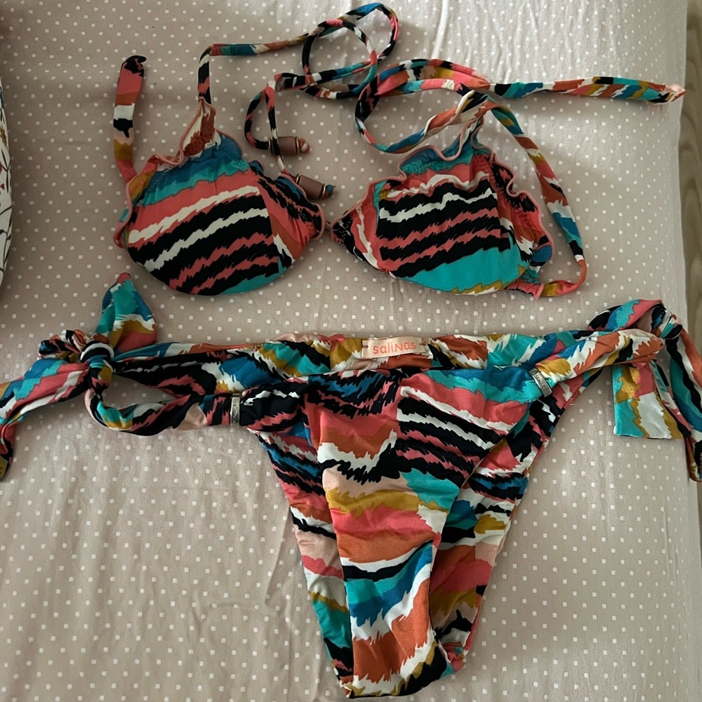 Salinas Teal Coral Black Multicolor Wave Bikini